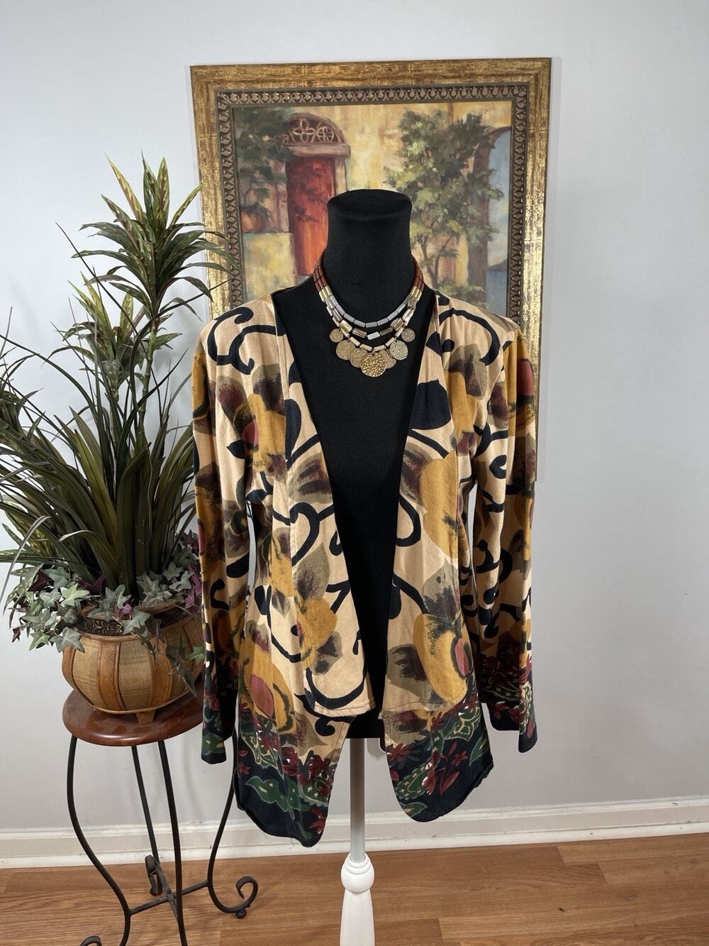 Womens Open Front Floral Cardigan Jacket Boho Beige Mustard‎ Size M Mob Wife